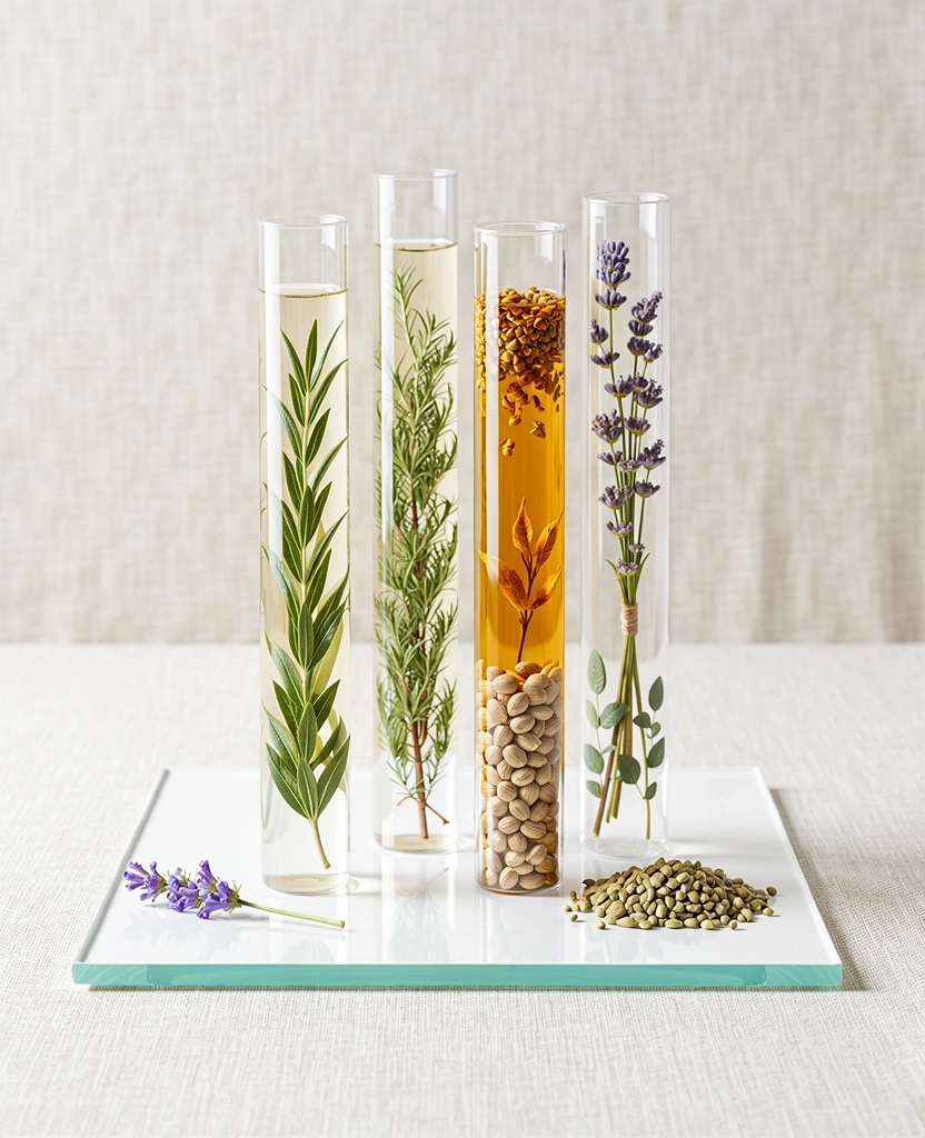 Material de vidrio de laboratorio con elementos botánicos